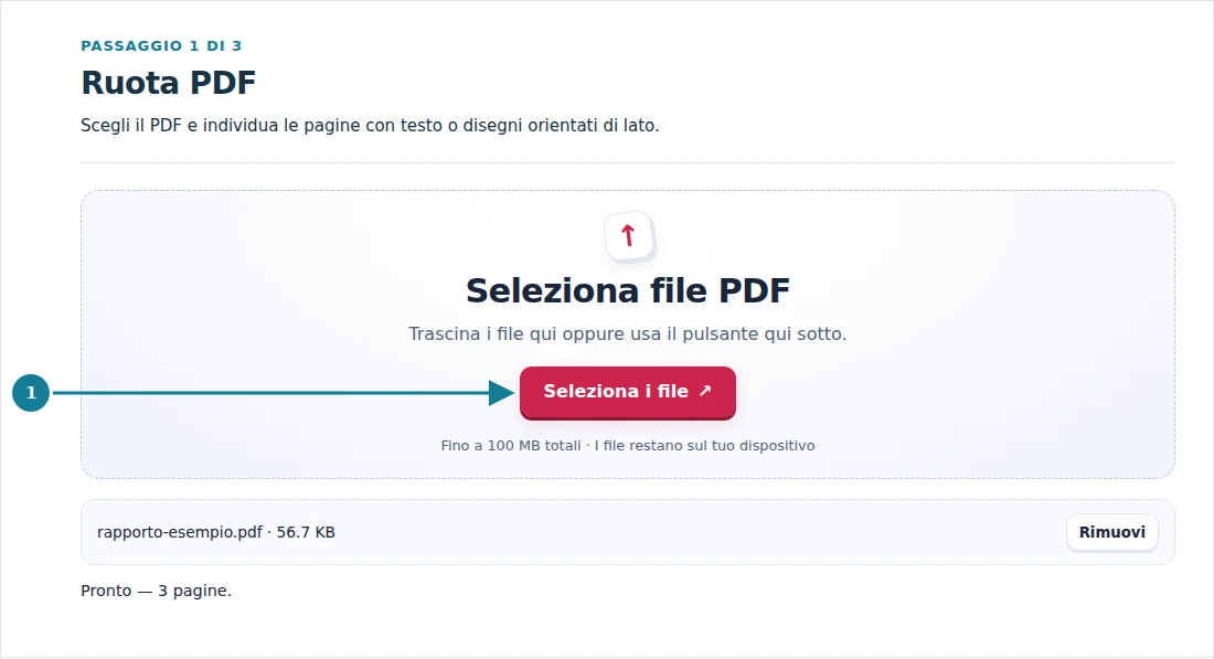 Ruota PDF, passaggio 1: Scegli il PDF e individua le pagine con testo o disegni orientati di lato.