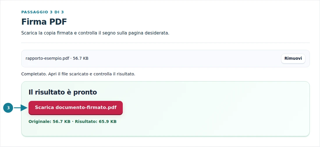 Firma PDF, passaggio 3: Scarica la copia firmata e controlla il segno sulla pagina desiderata.