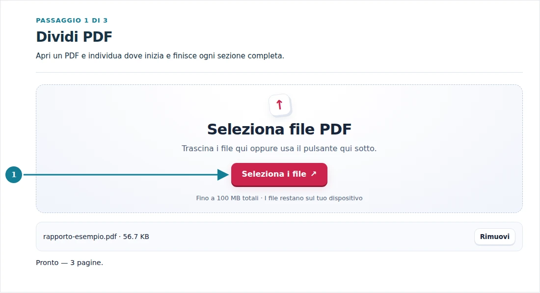 Dividi PDF, passaggio 1: Apri un PDF e individua dove inizia e finisce ogni sezione completa.