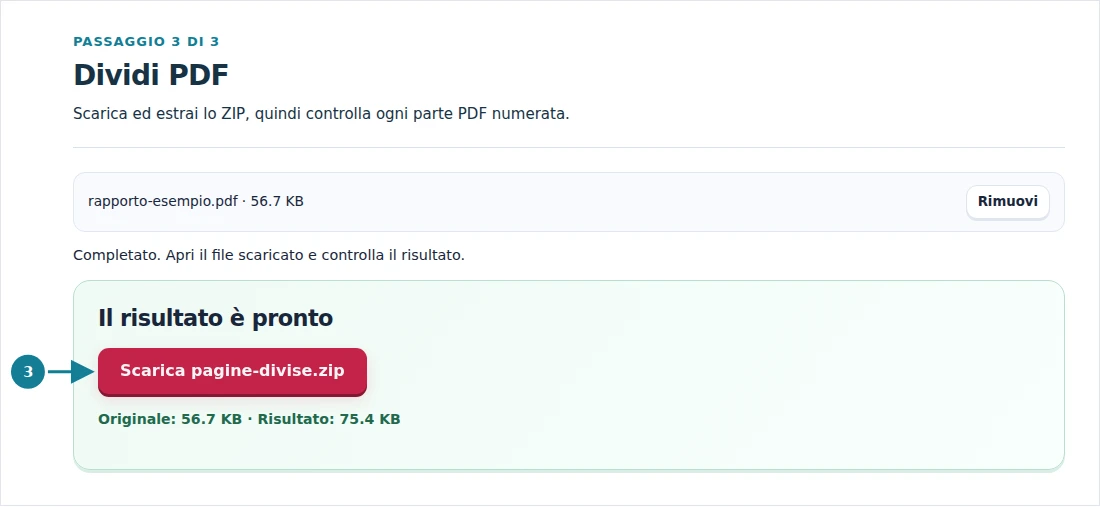 Dividi PDF, passaggio 3: Scarica ed estrai lo ZIP, quindi controlla ogni parte PDF numerata.