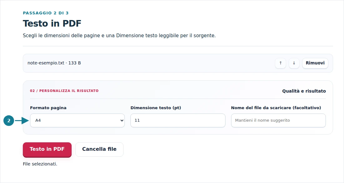 Testo in PDF, passaggio 2: Scegli le dimensioni delle pagine e una Dimensione testo leggibile per il sorgente.