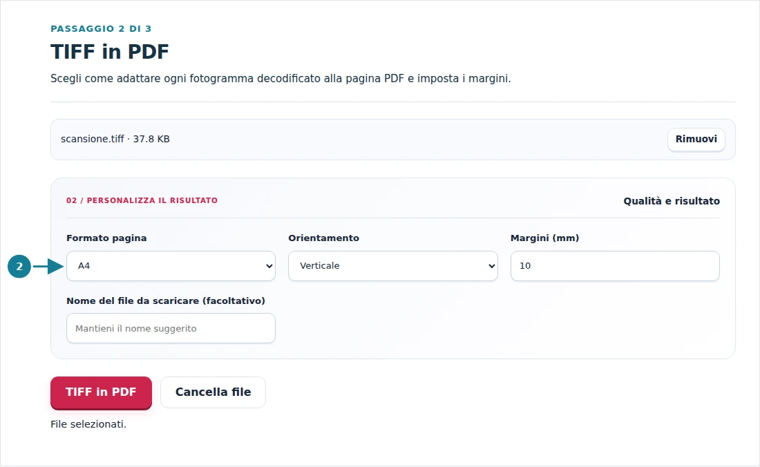 TIFF in PDF, passaggio 2: Scegli come adattare ogni fotogramma decodificato alla pagina PDF e imposta i margini.