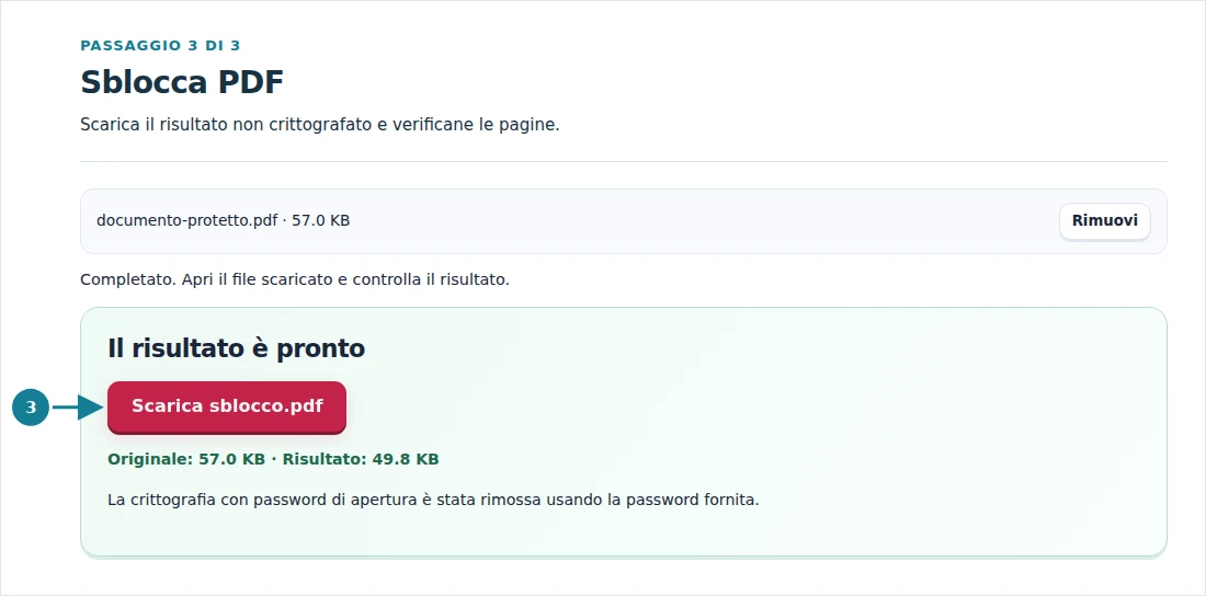 Sblocca PDF, passaggio 3: Scarica il risultato non crittografato e verificane le pagine.