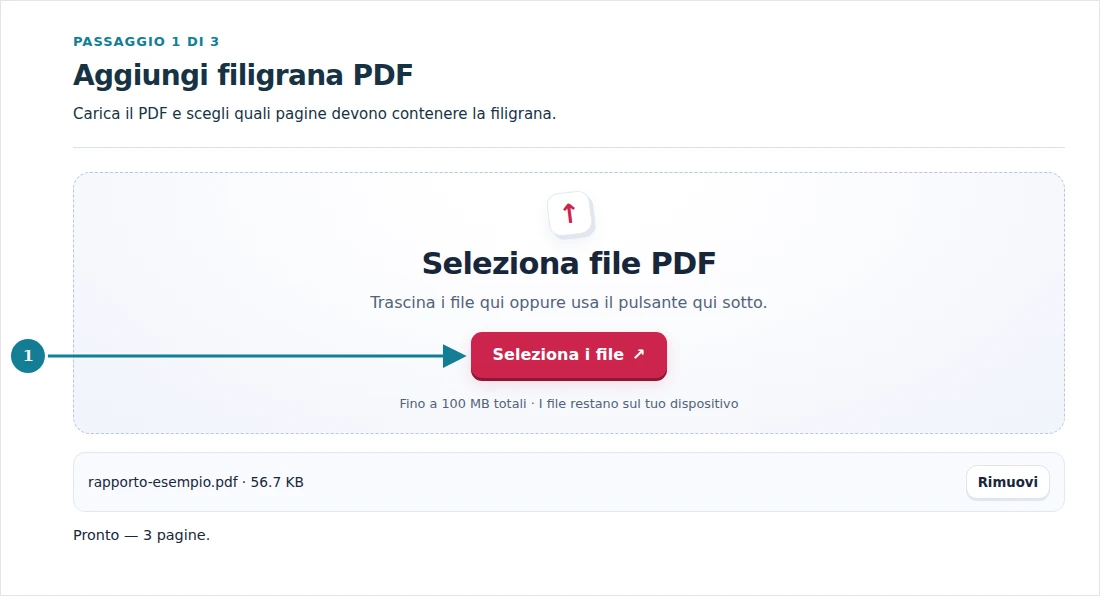 Aggiungi filigrana PDF, passaggio 1: Carica il PDF e scegli quali pagine devono contenere la filigrana.