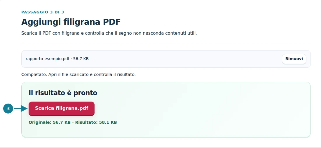 Aggiungi filigrana PDF, passaggio 3: Scarica il PDF con filigrana e controlla che il segno non nasconda contenuti utili.