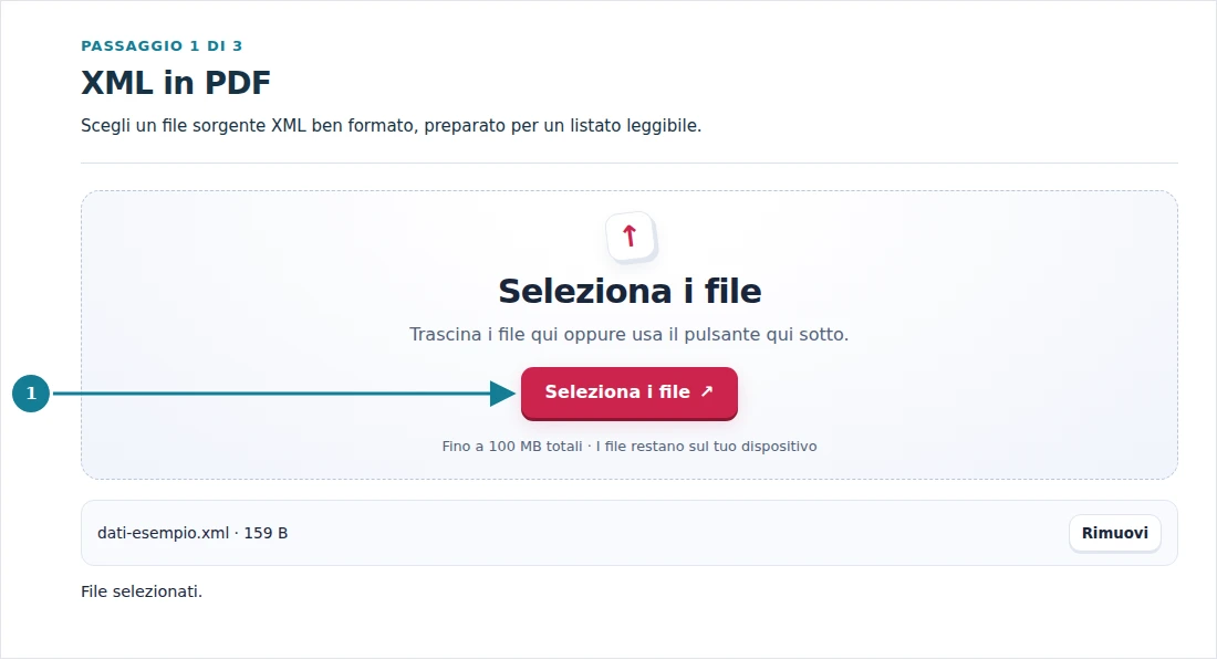 XML in PDF, passaggio 1: Scegli un file sorgente XML ben formato, preparato per un listato leggibile.