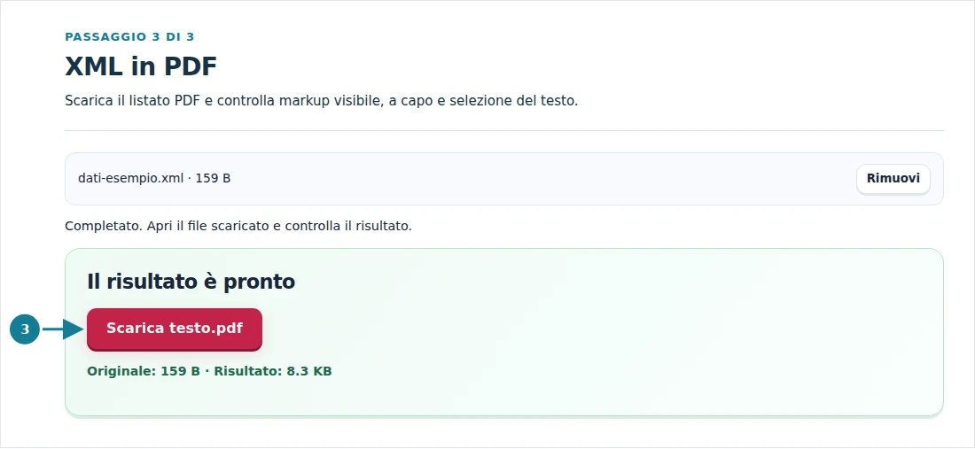 XML in PDF, passaggio 3: Scarica il listato PDF e controlla markup visibile, a capo e selezione del testo.