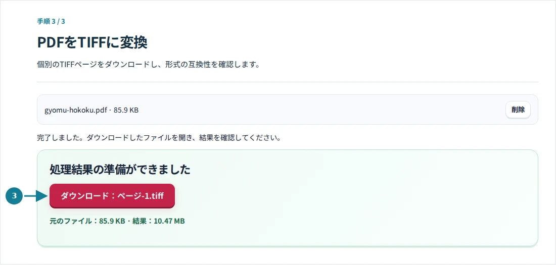 PDFをTIFFに変換、手順3:個別のTIFFページをダウンロードし、形式の互換性を確認します。