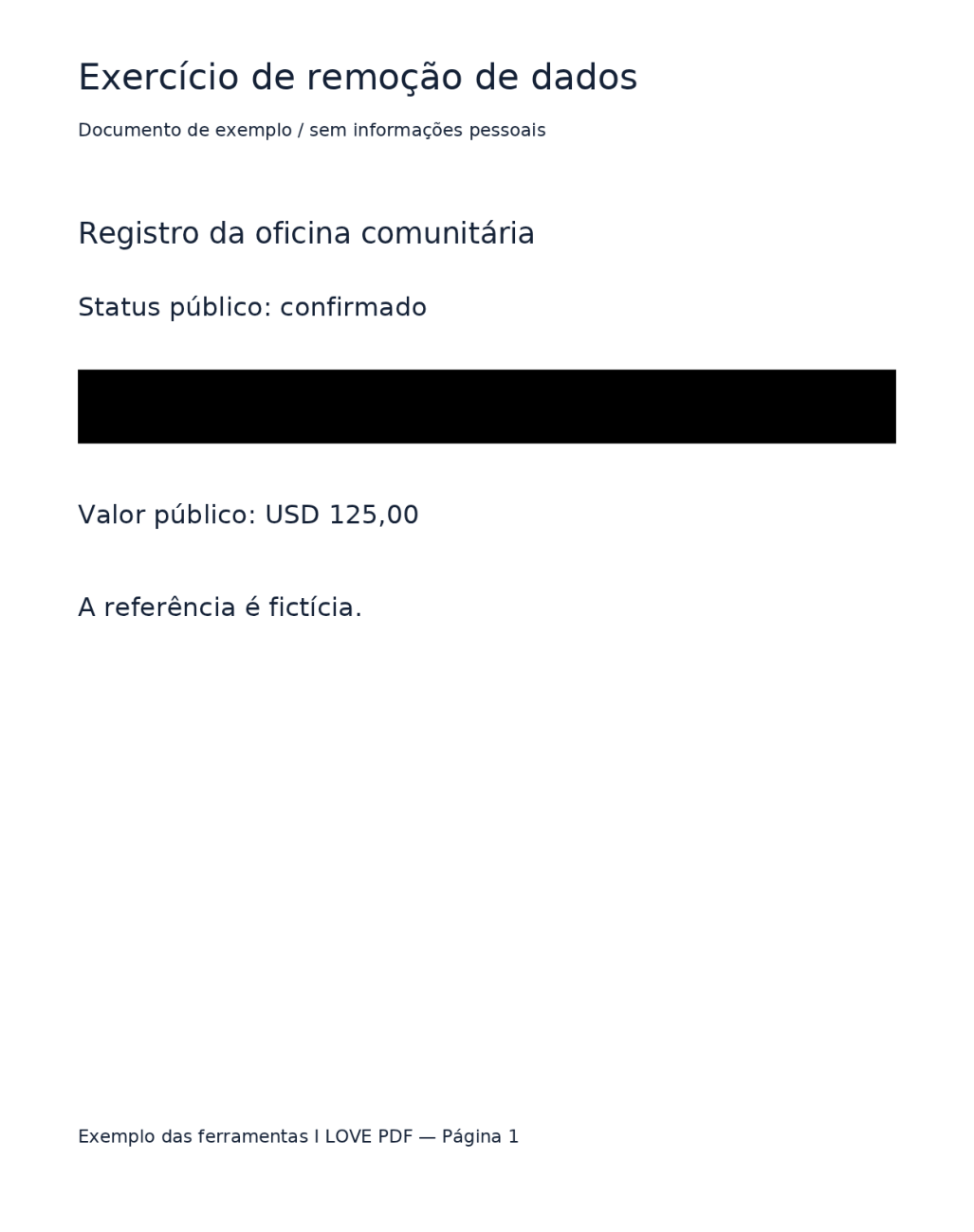 PDF real com dados ocultados mostrando um retângulo preto sólido apenas sobre a linha da referência fictícia.