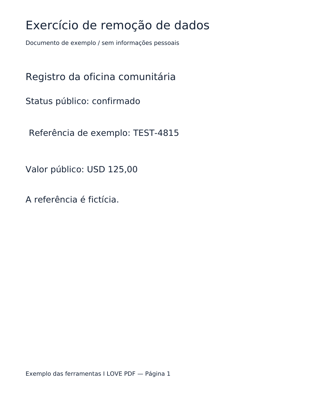 Documento de origem real mostrando a referência fictícia TEST-4815.
