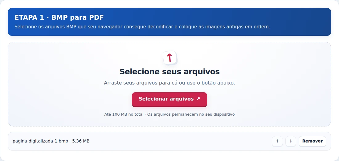 BMP para PDF, etapa 1: Selecione os arquivos BMP que seu navegador consegue decodificar e coloque as imagens antigas em ordem.