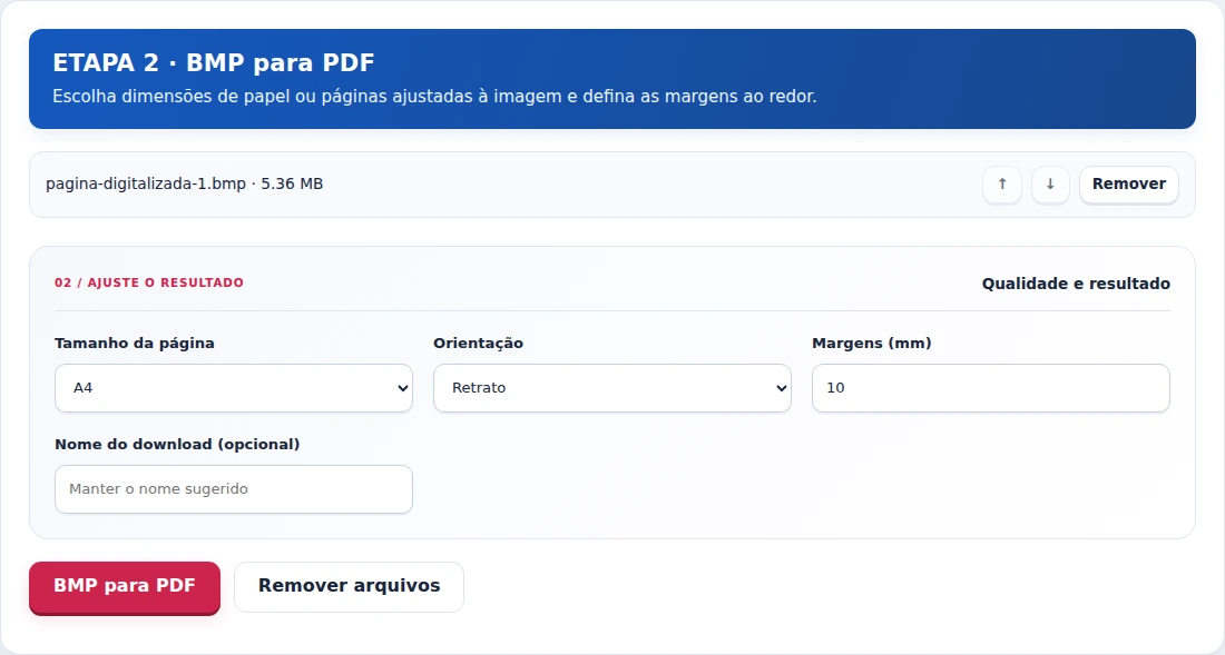 BMP para PDF, etapa 2: Escolha dimensões de papel ou páginas ajustadas à imagem e defina as margens ao redor.