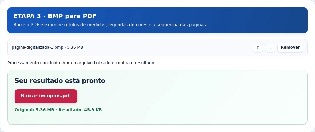 BMP para PDF, etapa 3: Baixe o PDF e examine rótulos de medidas, legendas de cores e a sequência das páginas.