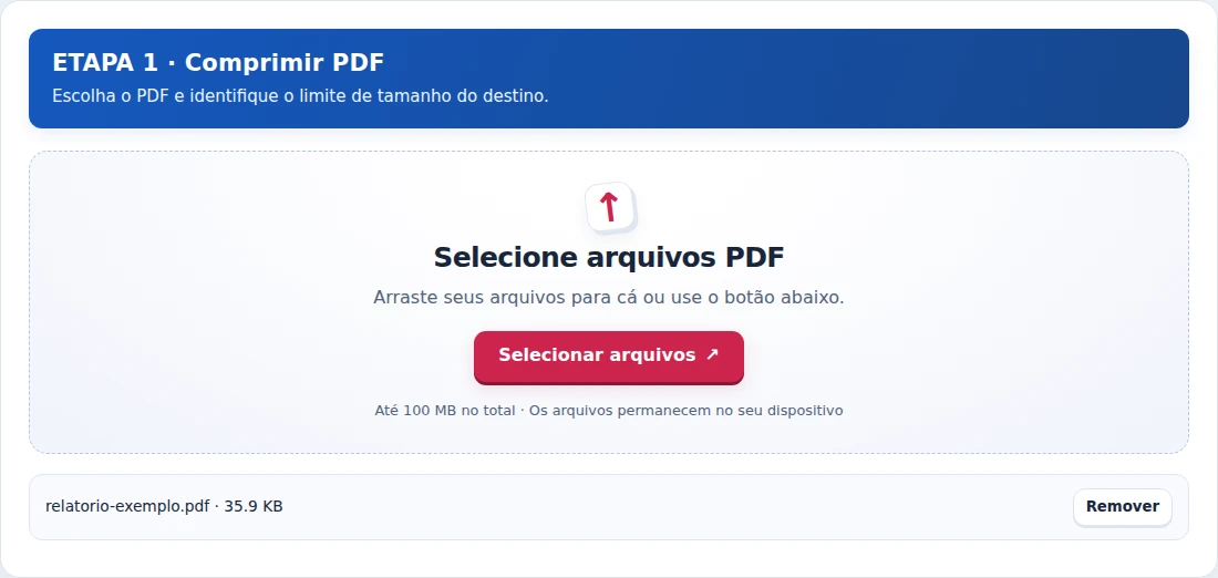 Comprimir PDF, etapa 1: Escolha o PDF e identifique o limite de tamanho do destino.
