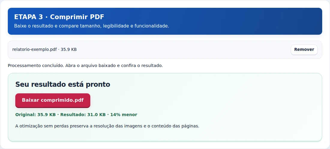 Comprimir PDF, etapa 3: Baixe o resultado e compare tamanho, legibilidade e funcionalidade.
