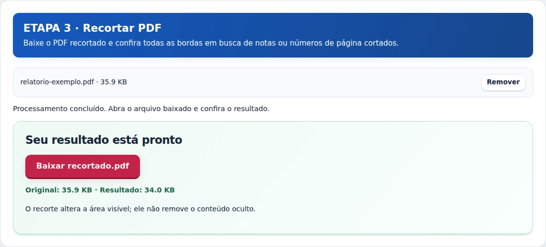 Recortar PDF, etapa 3: Baixe o PDF recortado e confira todas as bordas em busca de notas ou números de página cortados.