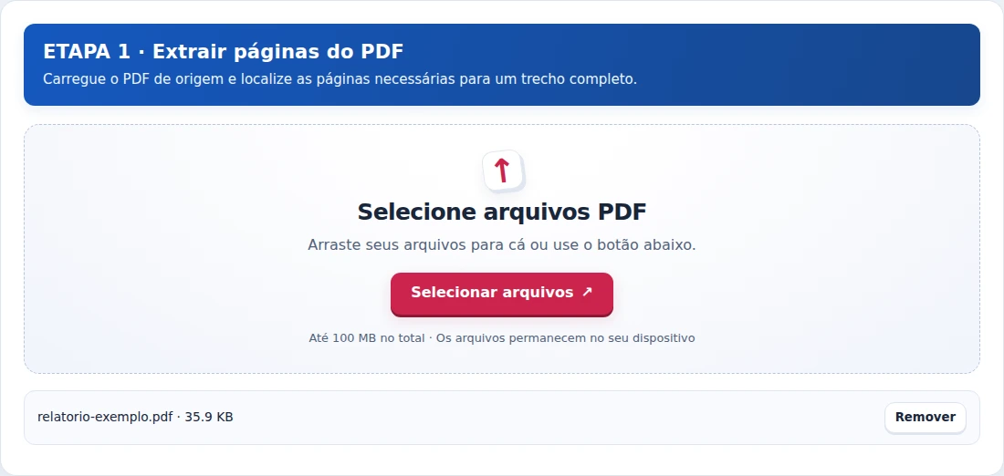 Extrair páginas do PDF, etapa 1: Carregue o PDF de origem e localize as páginas necessárias para um trecho completo.