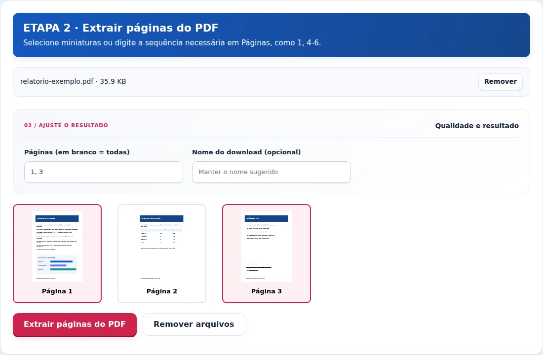Extrair páginas do PDF, etapa 2: Selecione miniaturas ou digite a sequência necessária em Páginas, como 1, 4-6.