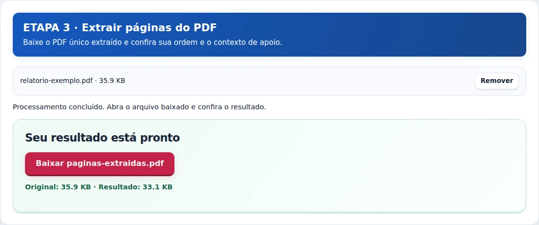Extrair páginas do PDF, etapa 3: Baixe o PDF único extraído e confira sua ordem e o contexto de apoio.