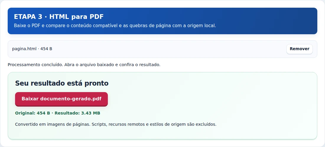 HTML para PDF, etapa 3: Baixe o PDF e compare o conteúdo compatível e as quebras de página com a origem local.
