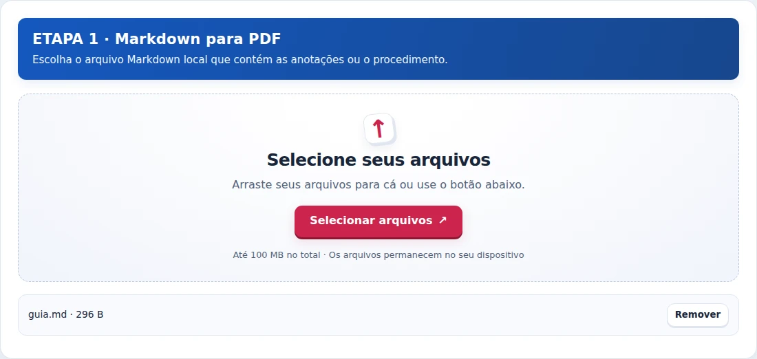 Markdown para PDF, etapa 1: Escolha o arquivo Markdown local que contém as anotações ou o procedimento.