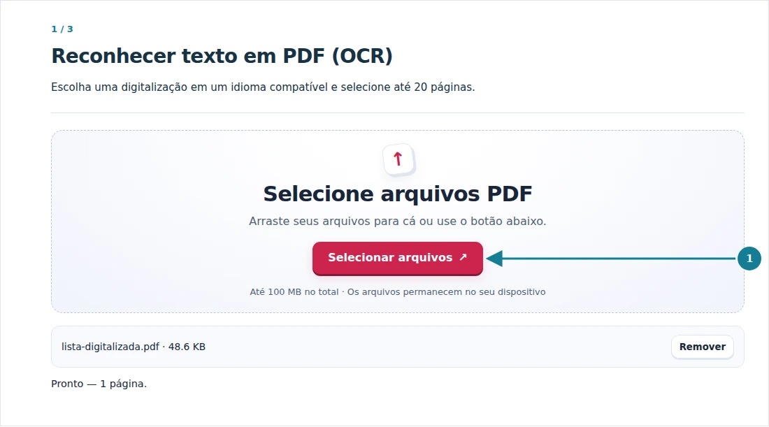 Reconhecer texto em PDF (OCR), etapa 1: Escolha uma digitalização em um idioma compatível e selecione até 20 páginas.