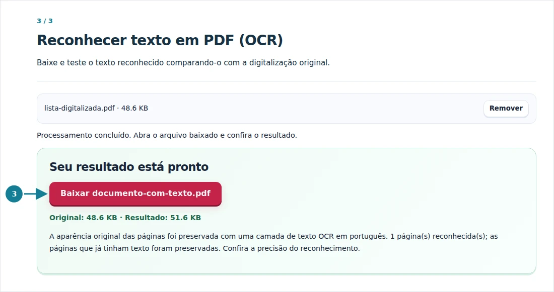Reconhecer texto em PDF (OCR), etapa 3: Baixe e teste o texto reconhecido comparando-o com a digitalização original.
