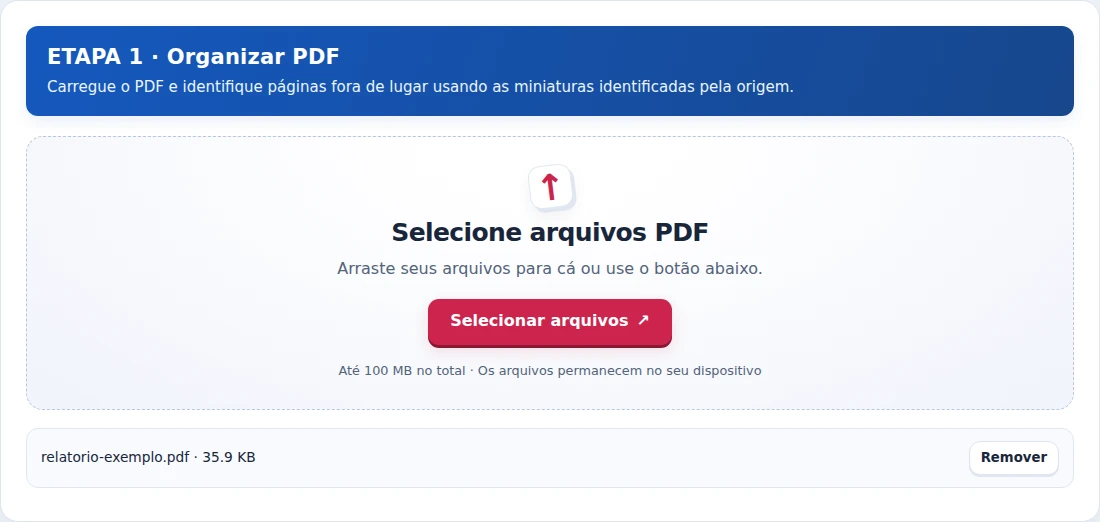 Organizar PDF, etapa 1: Carregue o PDF e identifique páginas fora de lugar usando as miniaturas identificadas pela origem.