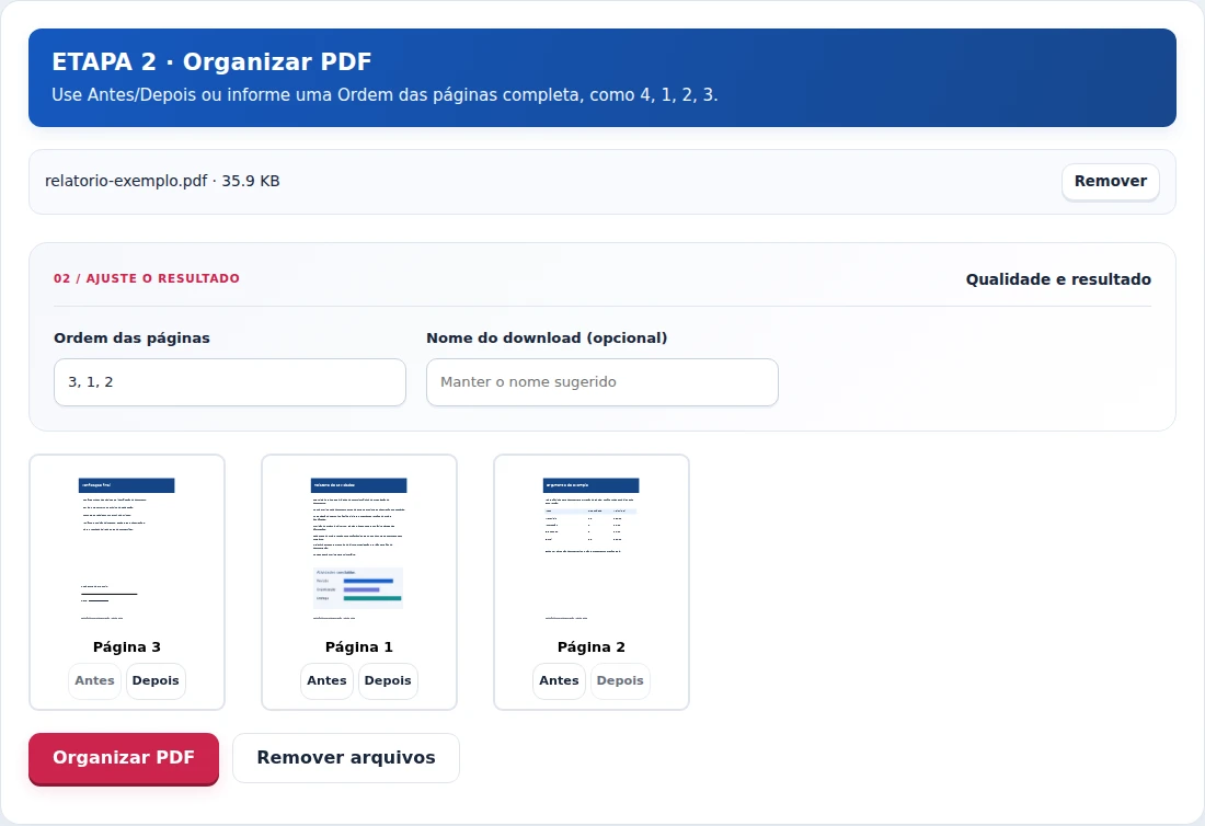 Organizar PDF, etapa 2: Use Antes/Depois ou informe uma Ordem das páginas completa, como 4, 1, 2, 3.