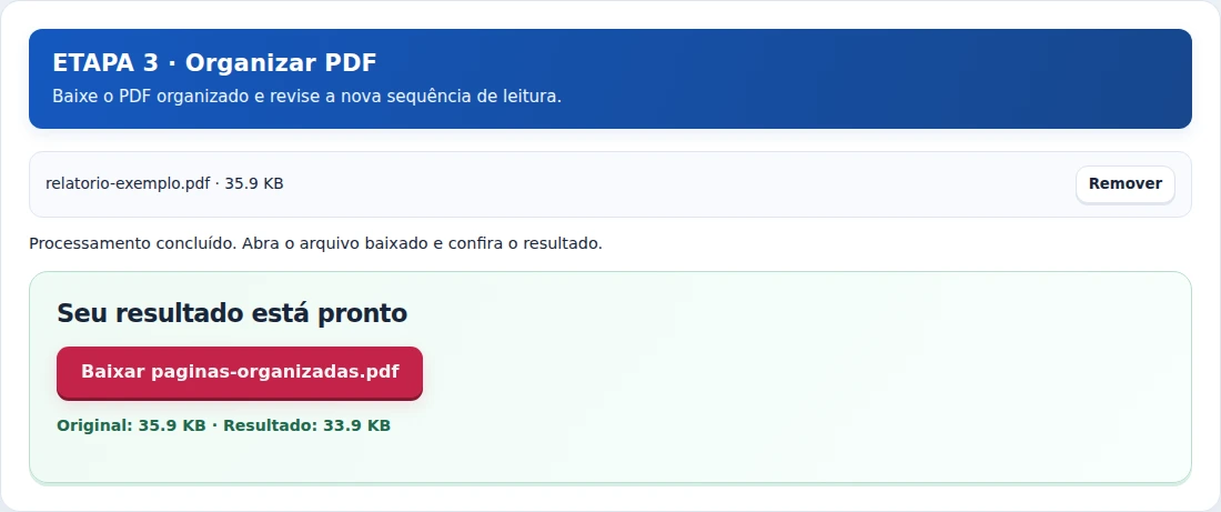 Organizar PDF, etapa 3: Baixe o PDF organizado e revise a nova sequência de leitura.