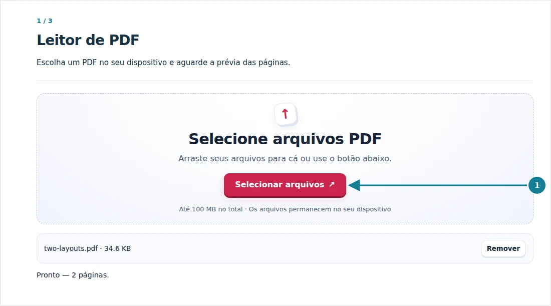 Leitor de PDF, etapa 1: Escolha um PDF no seu dispositivo e aguarde a prévia das páginas.