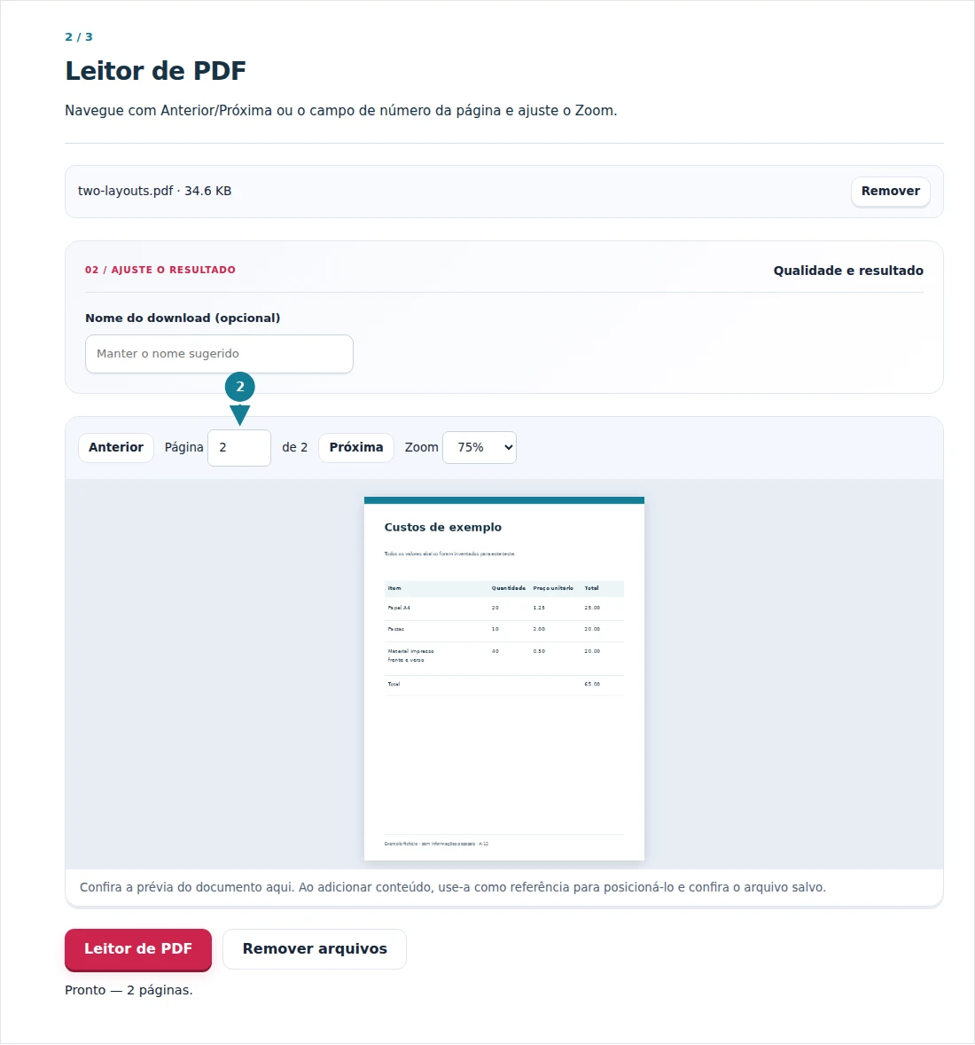 Leitor de PDF, etapa 2: Navegue com Anterior/Próxima ou o campo de número da página e ajuste o Zoom.