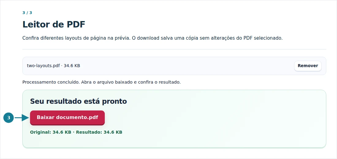 Leitor de PDF, etapa 3: Confira diferentes layouts de página na prévia. O download salva uma cópia sem alterações do PDF selecionado.