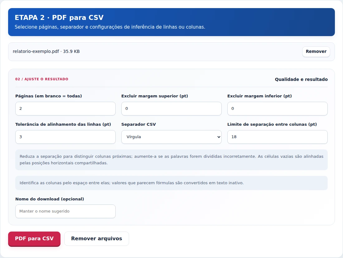 PDF para CSV, etapa 2: Selecione páginas, separador e configurações de inferência de linhas ou colunas.