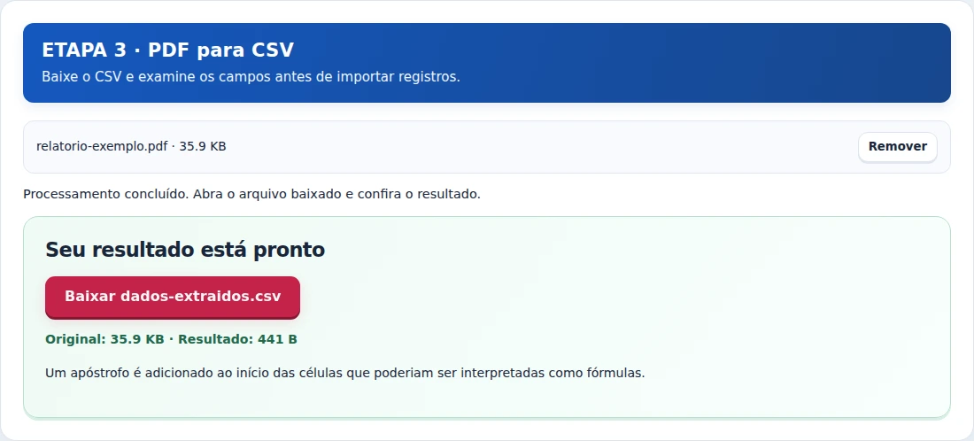 PDF para CSV, etapa 3: Baixe o CSV e examine os campos antes de importar registros.