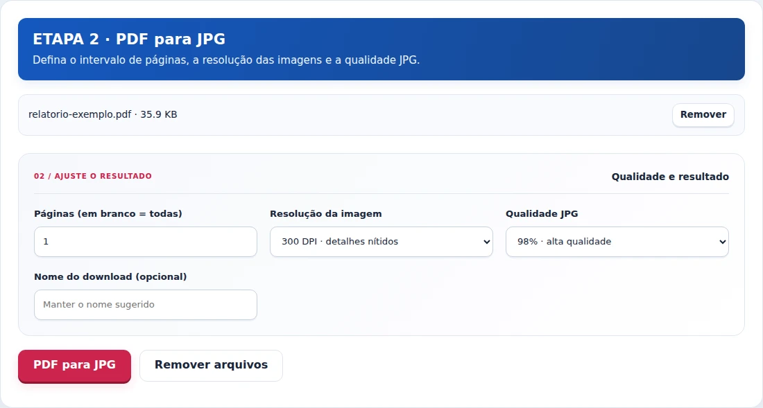 PDF para JPG, etapa 2: Defina o intervalo de páginas, a resolução das imagens e a qualidade JPG.