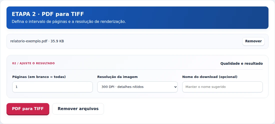 PDF para TIFF, etapa 2: Defina o intervalo de páginas e a resolução de renderização.