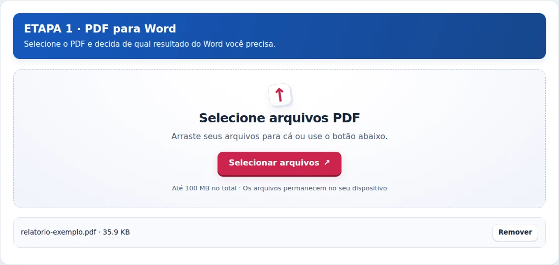 PDF para Word, etapa 1: Selecione o PDF e decida de qual resultado do Word você precisa.