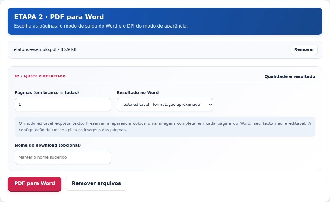 PDF para Word, etapa 2: Escolha as páginas, o modo de saída do Word e o DPI do modo de aparência.