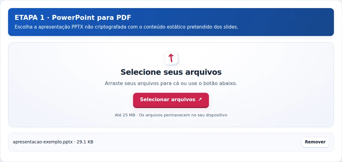 PowerPoint para PDF, etapa 1: Escolha a apresentação PPTX não criptografada com o conteúdo estático pretendido dos slides.