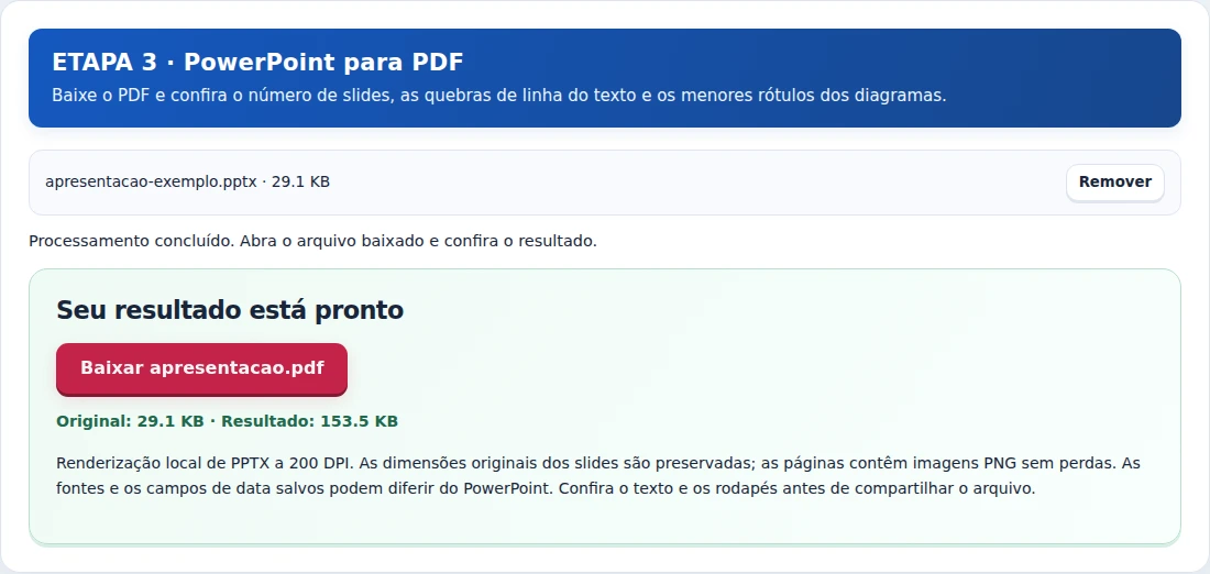 PowerPoint para PDF, etapa 3: Baixe o PDF e confira o número de slides, as quebras de linha do texto e os menores rótulos dos diagramas.