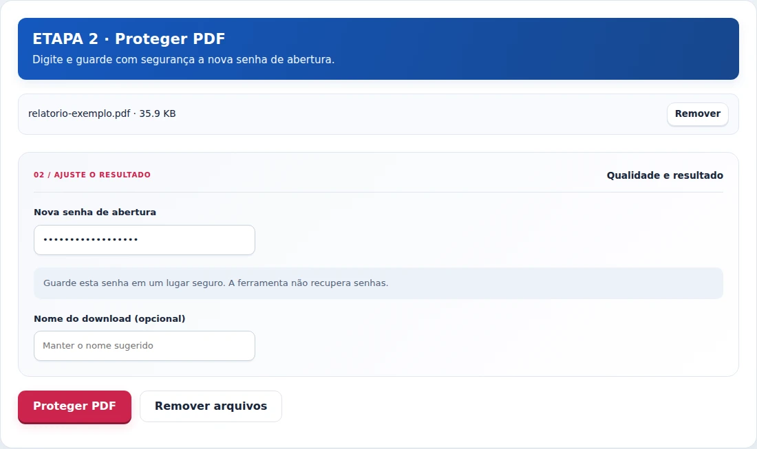 Proteger PDF, etapa 2: Digite e guarde com segurança a nova senha de abertura.