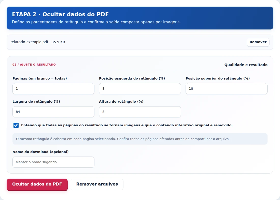 Ocultar dados do PDF, etapa 2: Defina as porcentagens do retângulo e confirme a saída composta apenas por imagens.