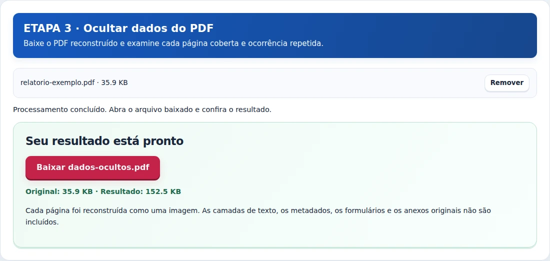 Ocultar dados do PDF, etapa 3: Baixe o PDF reconstruído e examine cada página coberta e ocorrência repetida.