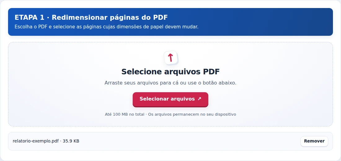 Redimensionar páginas do PDF, etapa 1: Escolha o PDF e selecione as páginas cujas dimensões de papel devem mudar.