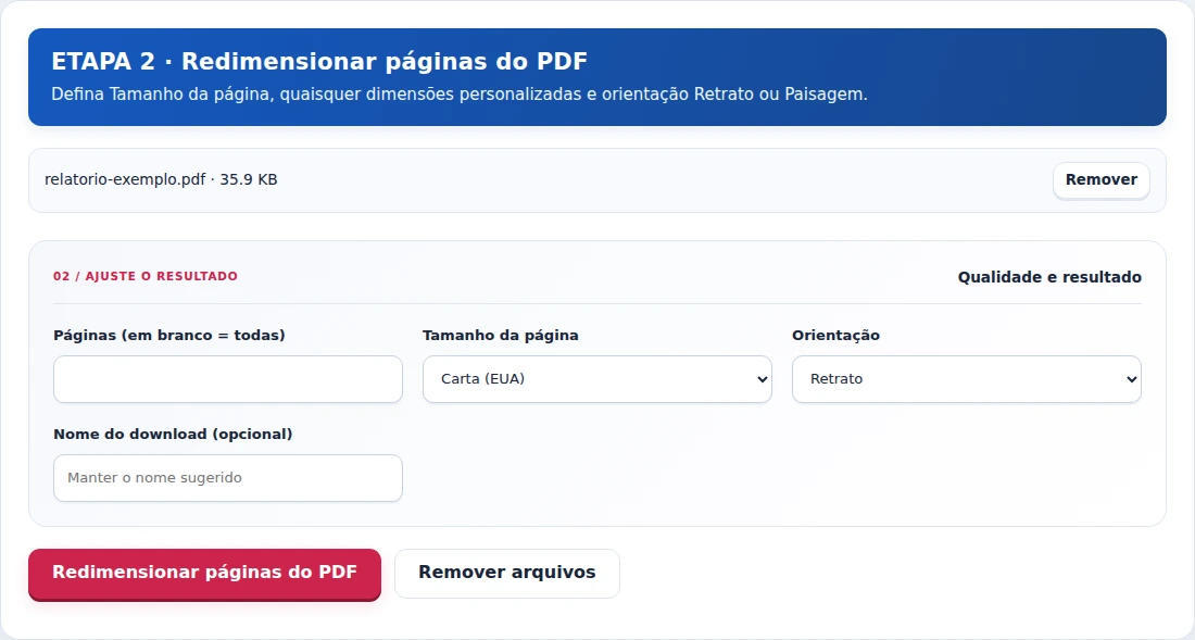 Redimensionar páginas do PDF, etapa 2: Defina Tamanho da página, quaisquer dimensões personalizadas e orientação Retrato ou Paisagem.