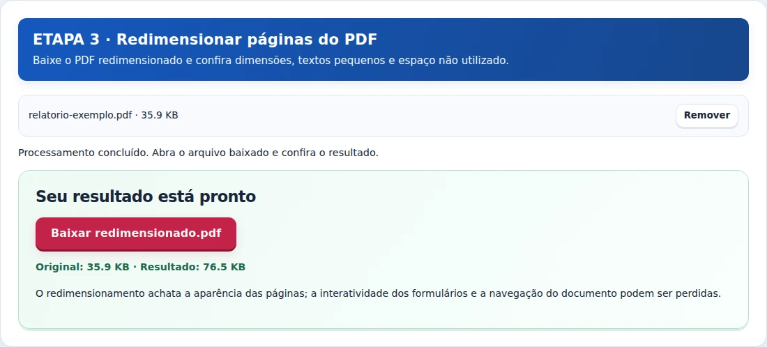Redimensionar páginas do PDF, etapa 3: Baixe o PDF redimensionado e confira dimensões, textos pequenos e espaço não utilizado.
