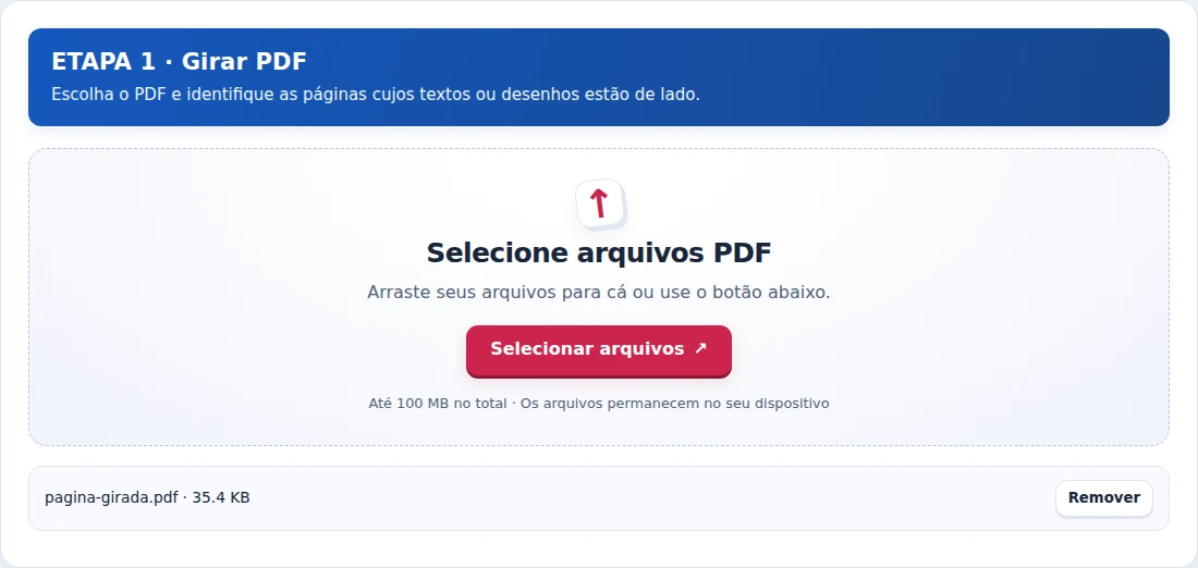 Girar PDF, etapa 1: Escolha o PDF e identifique as páginas cujos textos ou desenhos estão de lado.