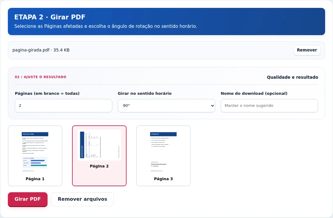Girar PDF, etapa 2: Selecione as Páginas afetadas e escolha o ângulo de rotação no sentido horário.
