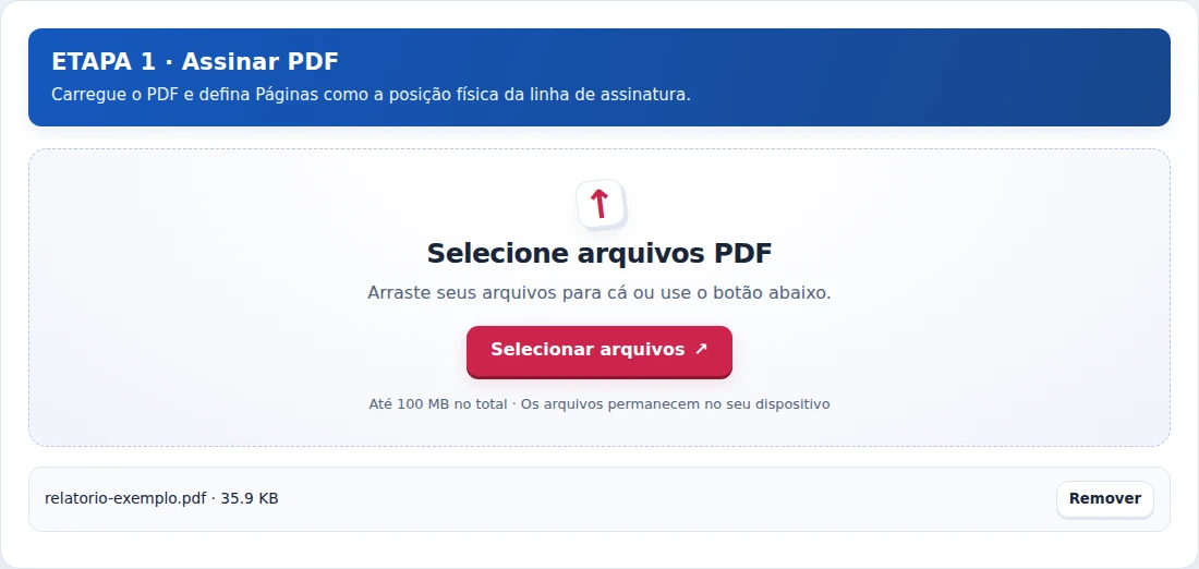 Assinar PDF, etapa 1: Carregue o PDF e defina Páginas como a posição física da linha de assinatura.